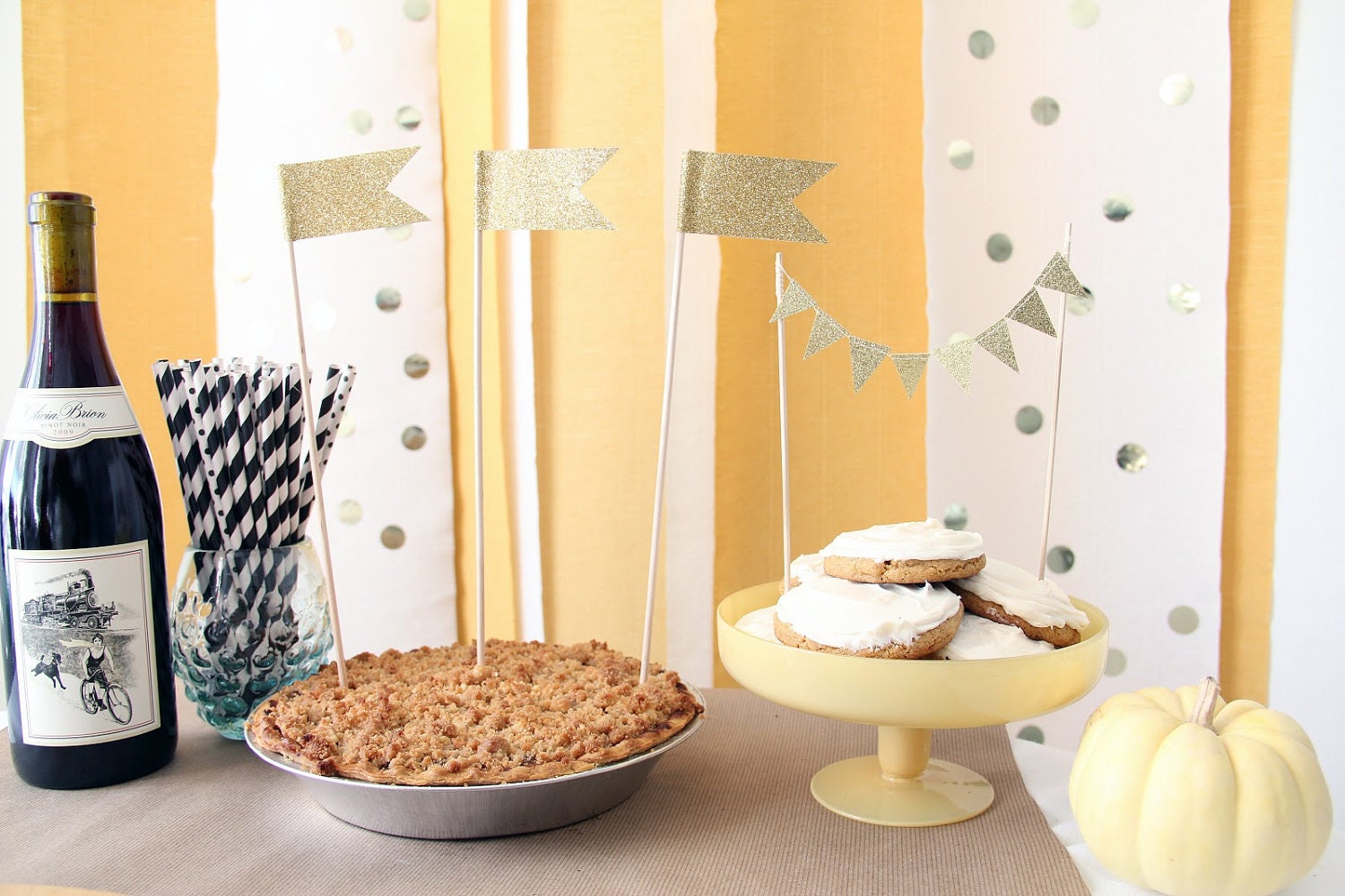 Large Gold Glitter Cake flag toppers - Set of 3 - 12" tall