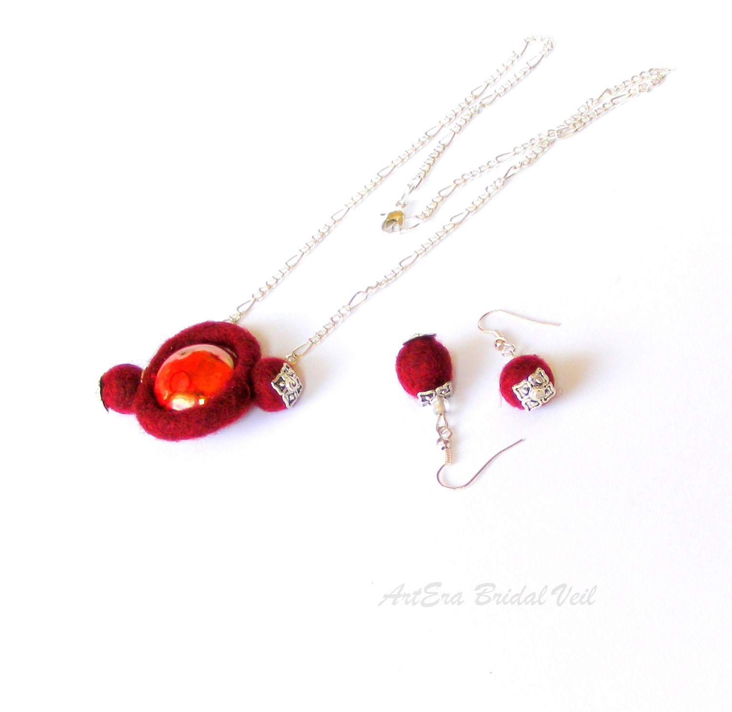 ORGANIC wool jewelry, Valentin is day gift, felted wool and raku ceramic, necklace and earring, handcrafted beads