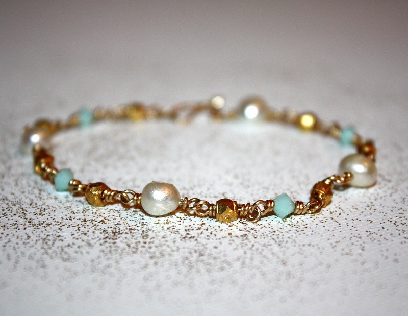 dorado - mint gold bracelet by lilla stjarna - gifts under 50 - wirewrapped jewelry - gold bangle, gold charm bracelet, green turquoise