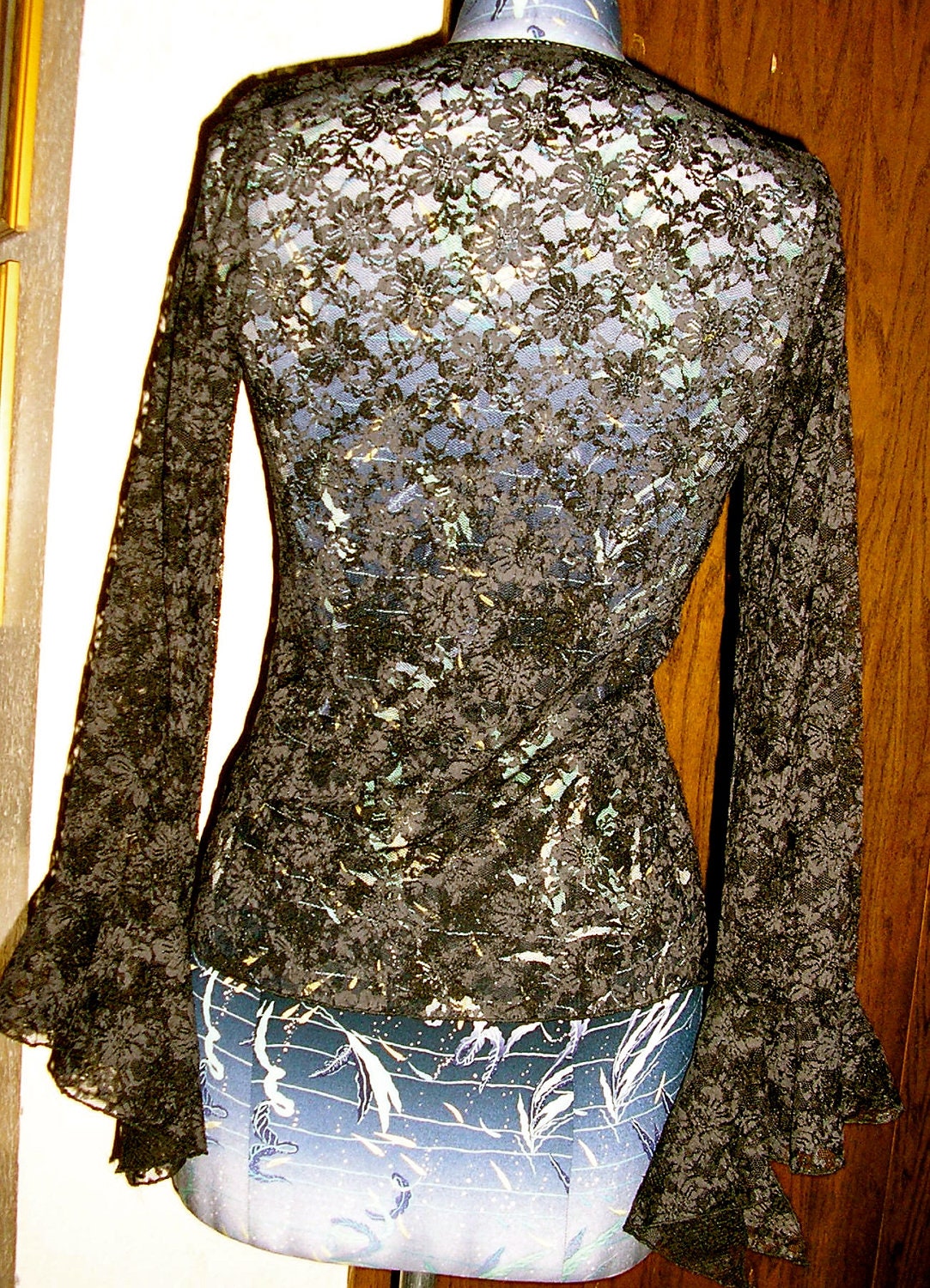80s sheer black lace blouse bell sleeves size Small Trixxi Victorian, boho, woodlands, steampunk