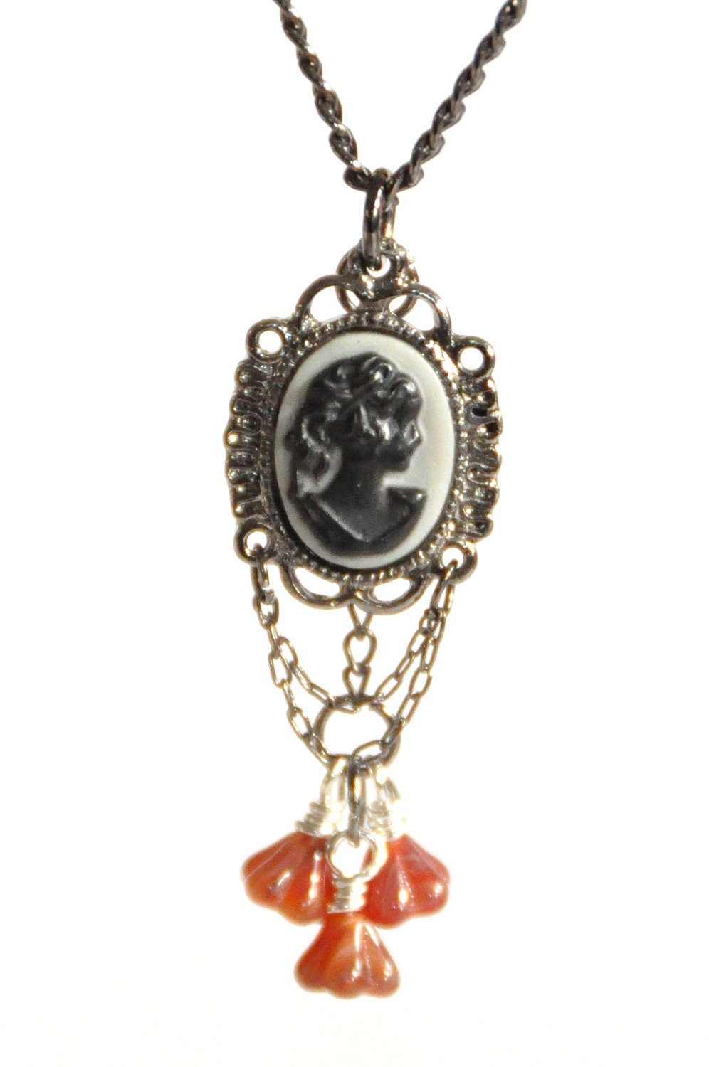 Portrait of a Lady with Flowers Necklace  - Victorian, silver, pendant, jewelry chain, red glass beads, Christmas present for her
