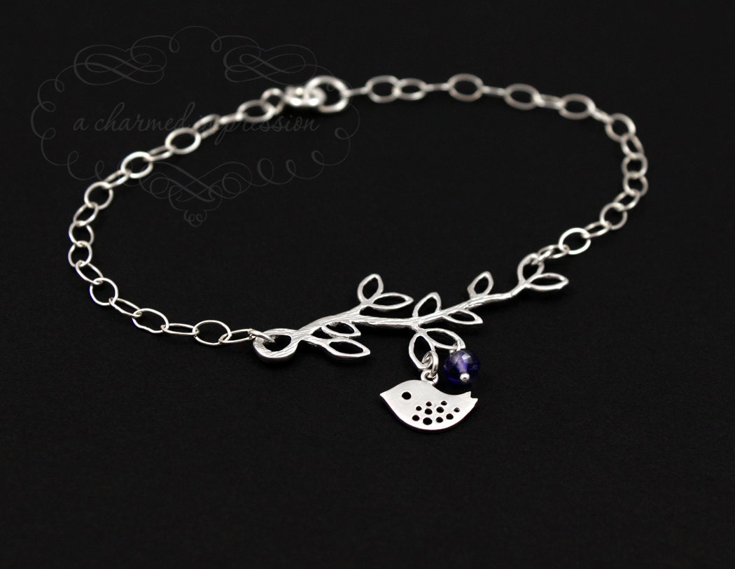 MOTHER BIRTHSTONE Bracelet . Silver Branch . Birthstone Initial Bracelet . Personalized Bird Charm Bracelet . Birthstone Bracelet