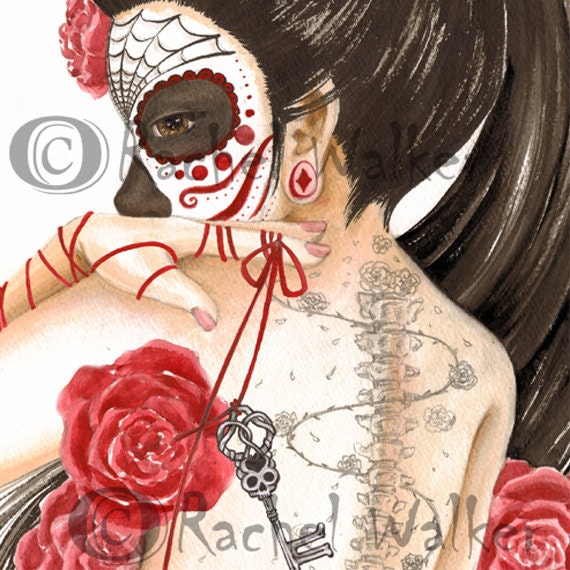 8x10 matted to 11x14 Forget Me Not Day of the Dead girl with red roses, skeleton key and heart locket watercolor painting by Rachel Walker