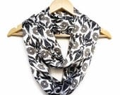 Silk Satin Lightweight Soft Ottoman Tile Floral Print, Dark Blue Infinity Scarf, Circle Scarf, Women Accessories