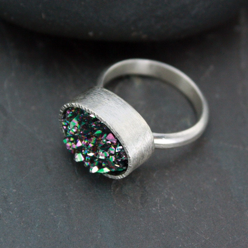 Rainbow Titanium Druzy Ring, Statement Ring, Cocktail Ring, Recycled Silver