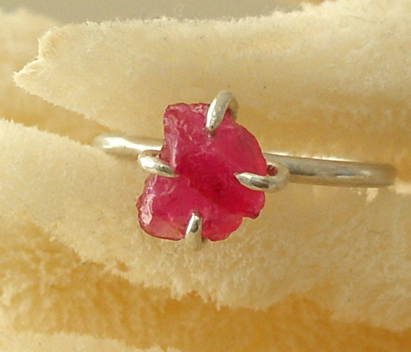READY TO SHIP - Uncut Ruby Ring - Rough Raw Ruby - Red Gemstone Ring  - Claw Prong Set - July Birthstone - Sterling Silver