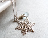 Snowflake Necklace, Blue Topaz Teardrop Gemstone, December Birthstone, Winter Jewelry, Sterling Silver Holiday Jewelry - karinagracejewelry