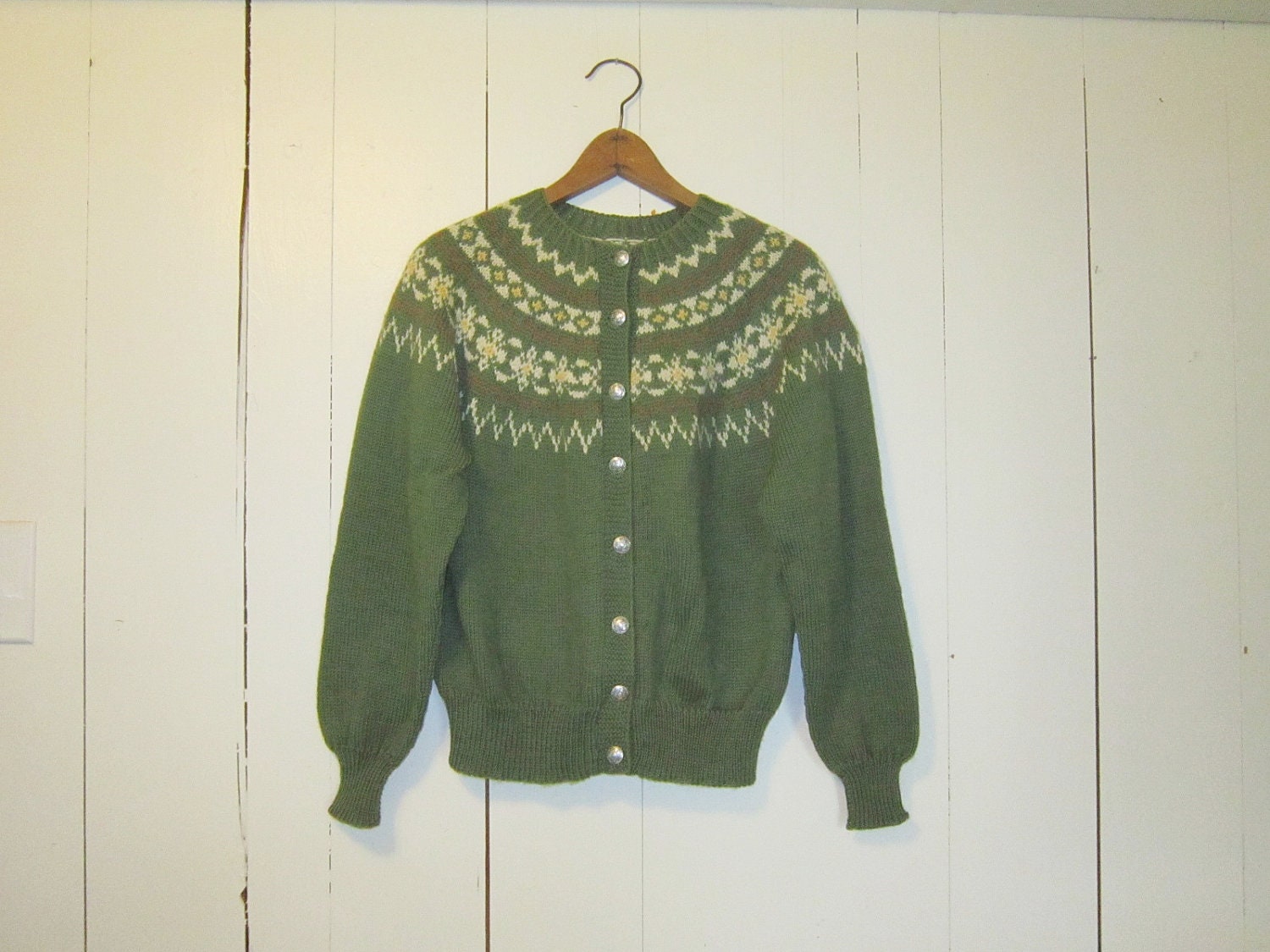 nordic fair isle sweater cardigan avacado green
