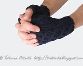 Hand knit fingerless gloves in navy blue, gift for men, unisex mitts