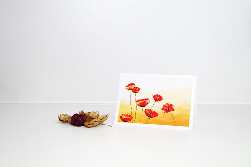 Greeting card set of three -3- Red poppy thank you card - Birthday card - Red Flowers Card - Landscape poppies painting - Poppy art