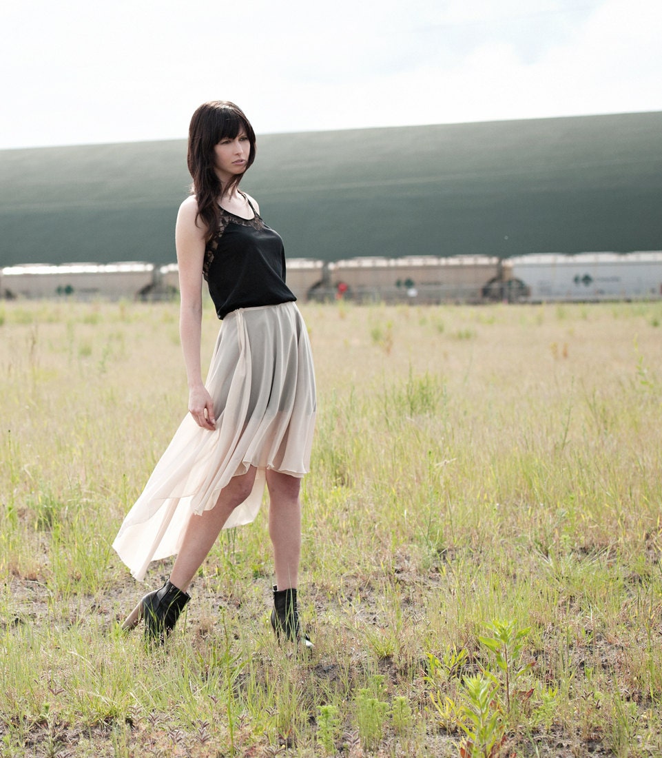 Hi low hem skirt - sheer peach ivory silk chiffon, bohemian hippie prairie style - small murmuration