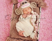 Baby Girl Hat CUTE Newborn Baby Boy or Girl  Crochet knit Sock Monkey Hat With Ear Flaps  0 3 6 months