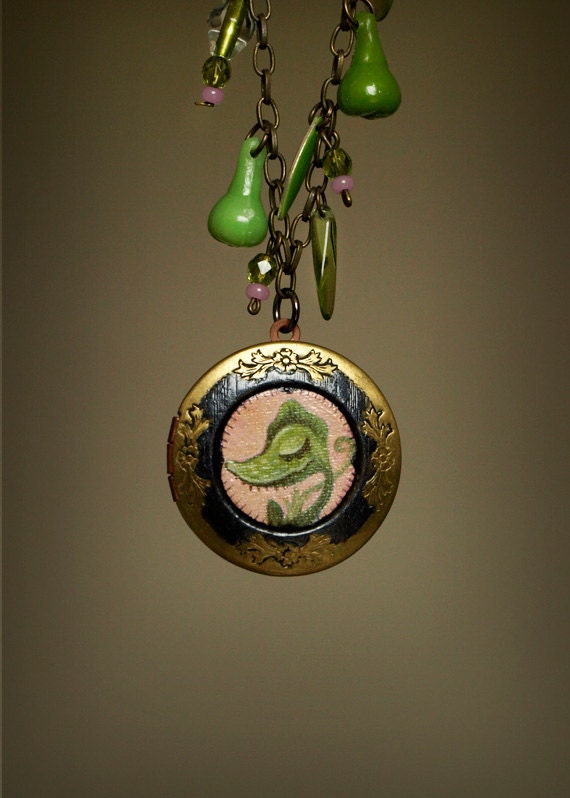 Venus Flytrap specimen necklace. sweet horror cameo locket with miniature painting. Original art jewelry by KarolinFelix