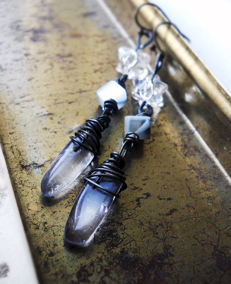 Beaded Earrings - Quartz Crystal and Misty Glass - Stars and Drops - Wire Wrapped Crystal under Stars - Assemblage Earrings