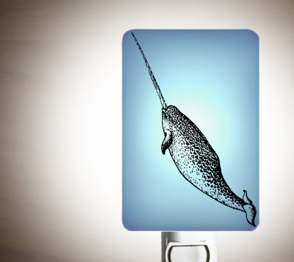 Narwhal Nightlight - Nautical Night light in Powder Blue Baby Blue - perfect for baby shower - Happy Owl Glassworks