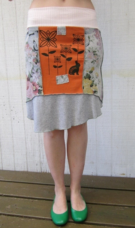 SALE/ rabbit in the flowers screenprint/ upcycled skirt/ floral print/ funky hemline/ repurposed clothing