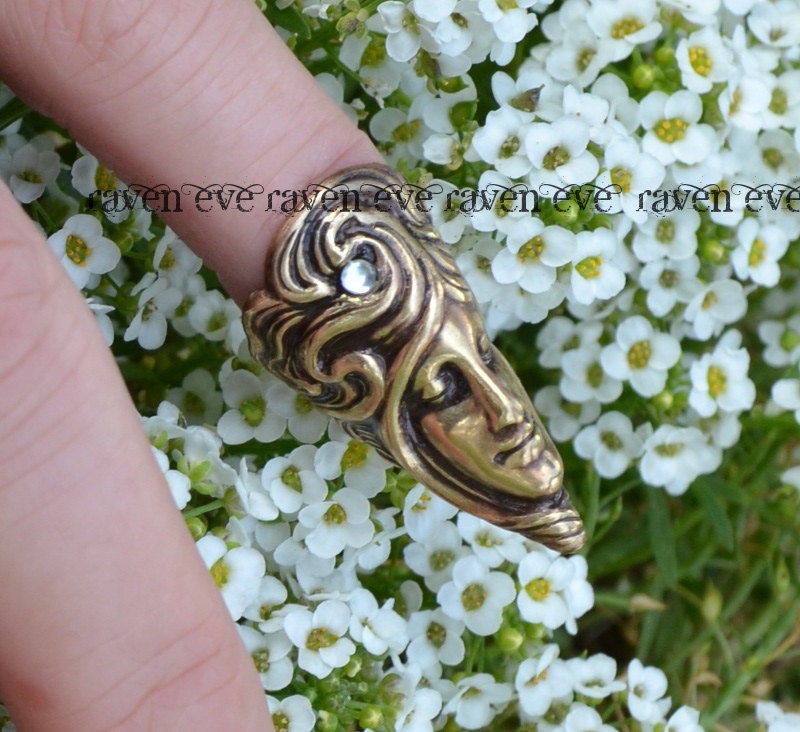 Nail Ring Moon Maiden Elegant Vintage Brass Armor Ring Nail tip jewelry Art Nouveau Goddess