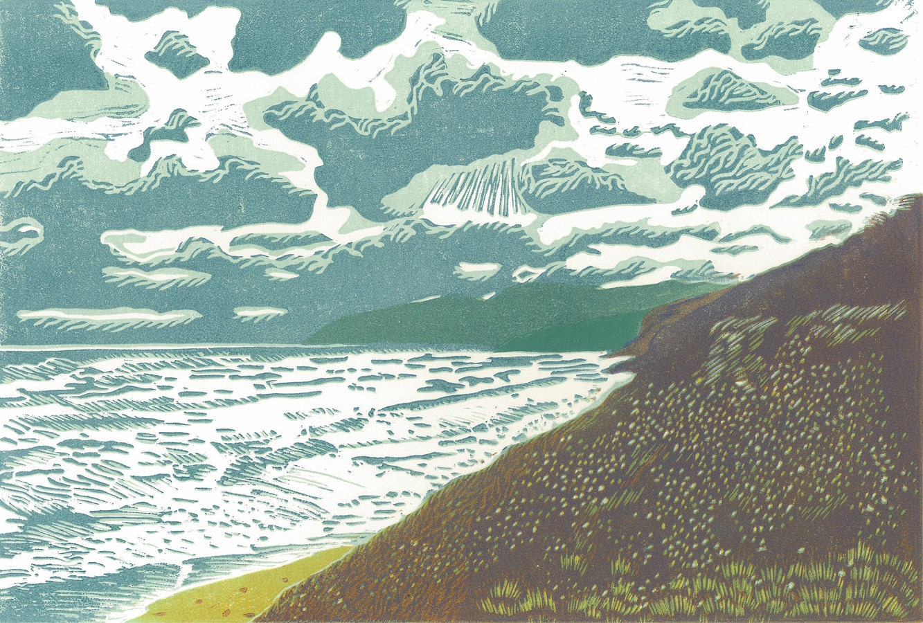 LINOCUT Linoblock Print - Winter at West Mabou Beach - Wall Art Decor