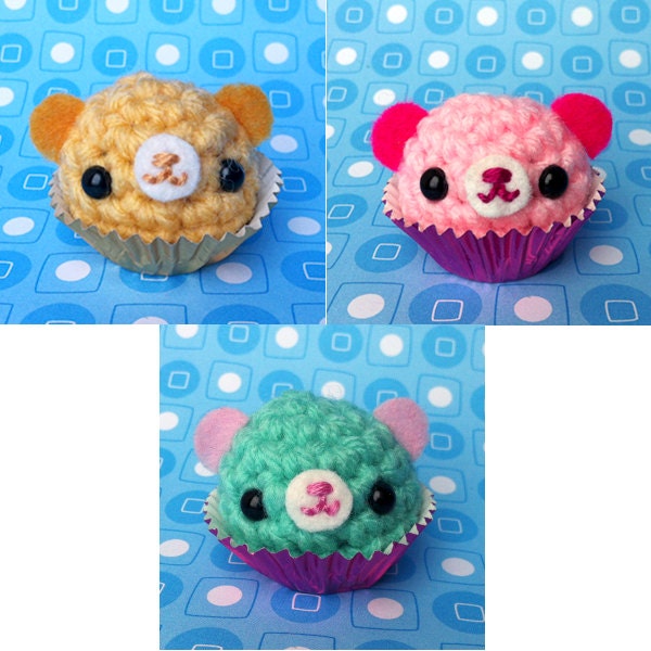 Amigurumi Bon Bon bear candy set of three Yellow Pink Mint Green
