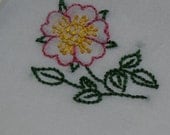 Hand Embroidered Vintage Handkerchief - White with Yellow Crochet Lace Edge -- Jacobean Flower