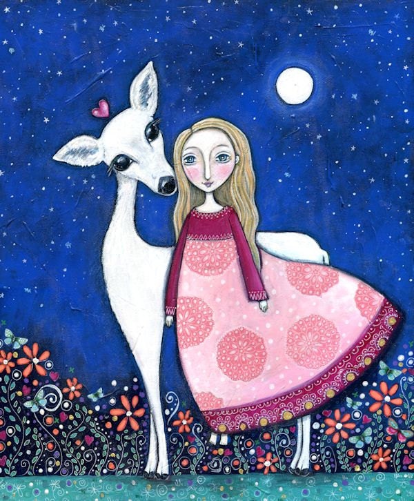 Childrens wall print folk art painting animal art white deer girl magical dream series mixed media childrens wall decor 'Deer Spirit"
