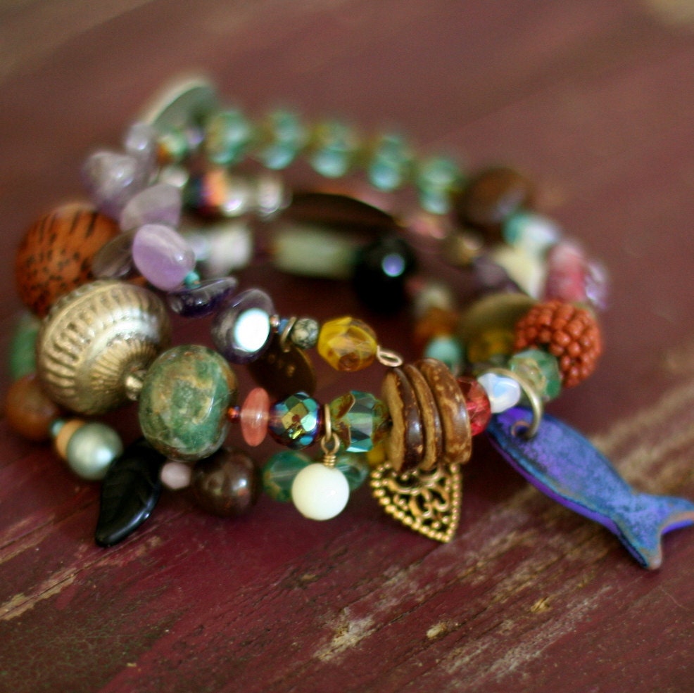 Memory Wire Beaded Bracelet, Bangle, Stacked Beaded Wrap, Earth Tones, Nature, Rosemary and Thyme