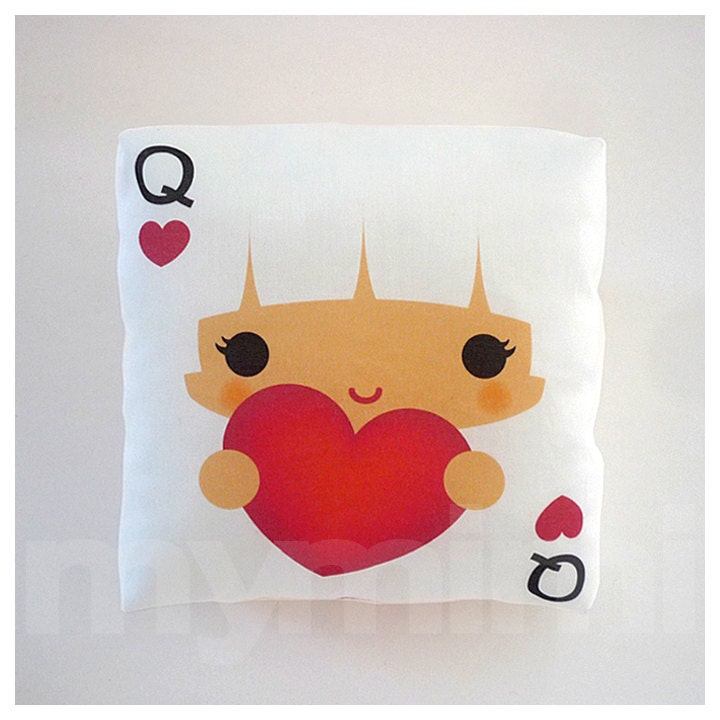 Queen of Hearts, Decorative Pillow, White Pillow, Kawaii Girl, Kawaii Print, Throw Pillow, Girls Room Decor, Childrens Toys, 7 x 7"