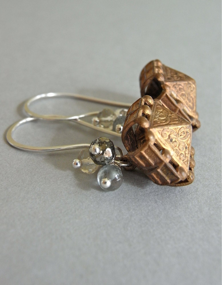 Earrings - sterling silver, vintage brass, scapolite, pyrite, moss aquamarine - Dreydl