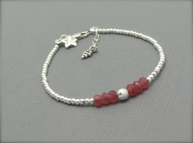 Ruby Bracelet Silver Friendship Ruby Gemstone Hawaiian Plumeria Flower Charm Sterling Micro Beaded Stacking Hawaiibeads