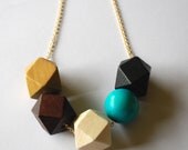 Faceted Geometric Necklace - 5 Wooden Beads on Gold