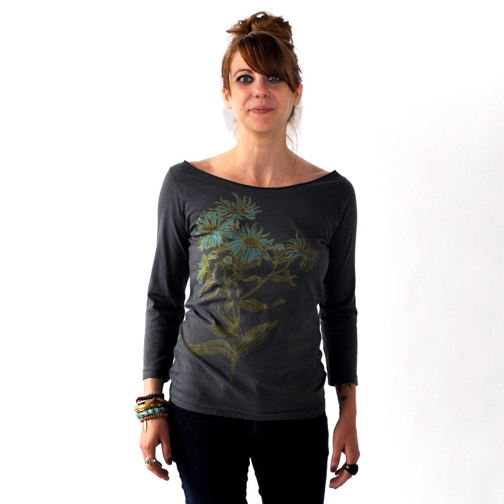 Aster, 3/4 Sleeve T-Shirt, Hand Screen Printed by Maryink, Asphalt Color