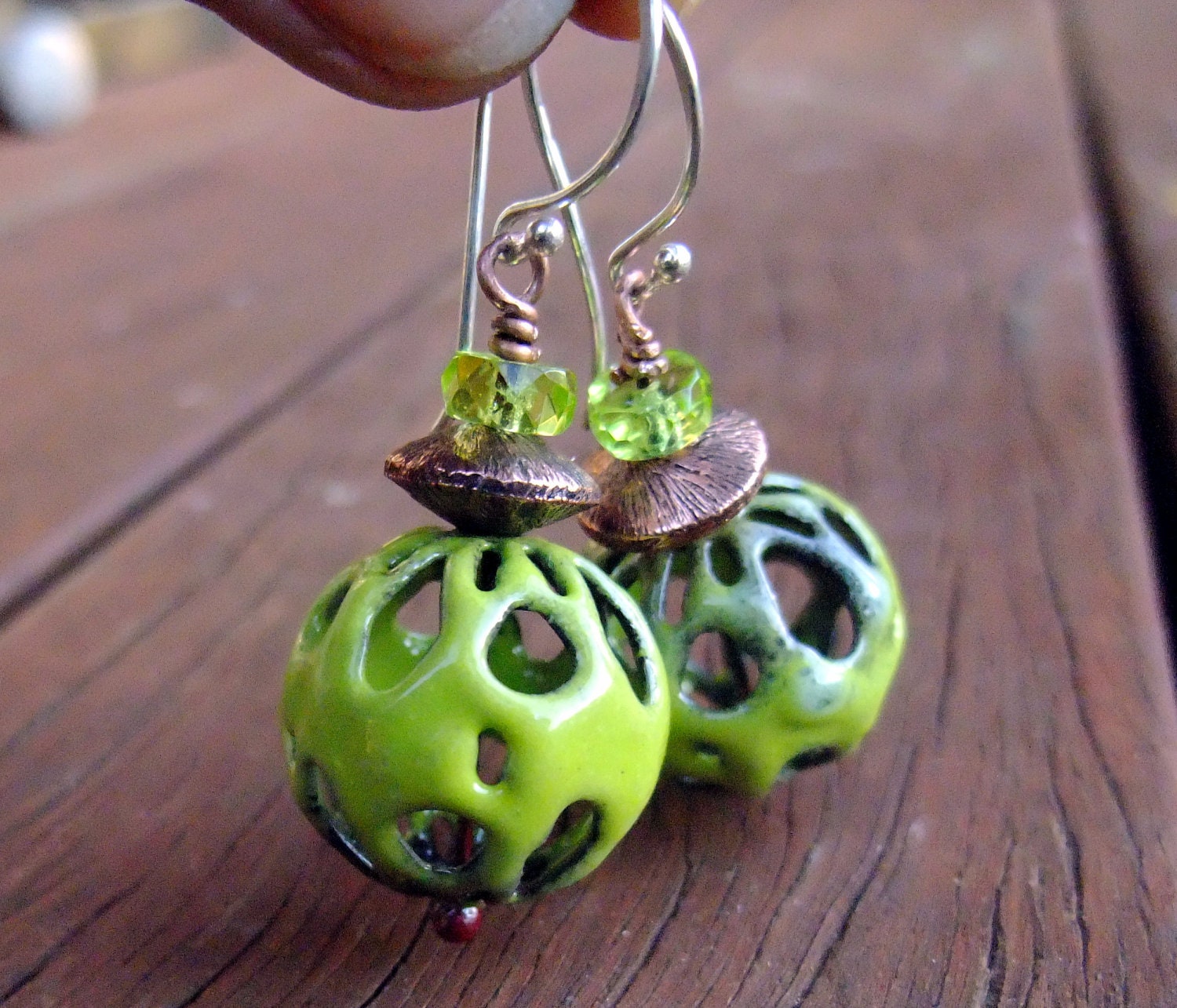 Lime Green flame enamelled earrings