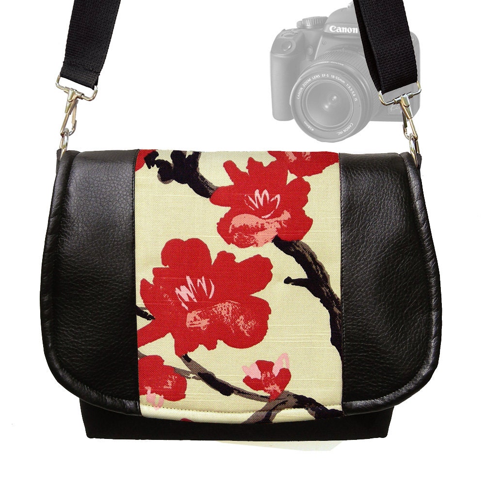 SALE Dslr Camera Bag Slr Camera Messenger Bag Vegan Black Leather Asian Cherry Blossom Zipper Padded DELUXE Model (RTS)