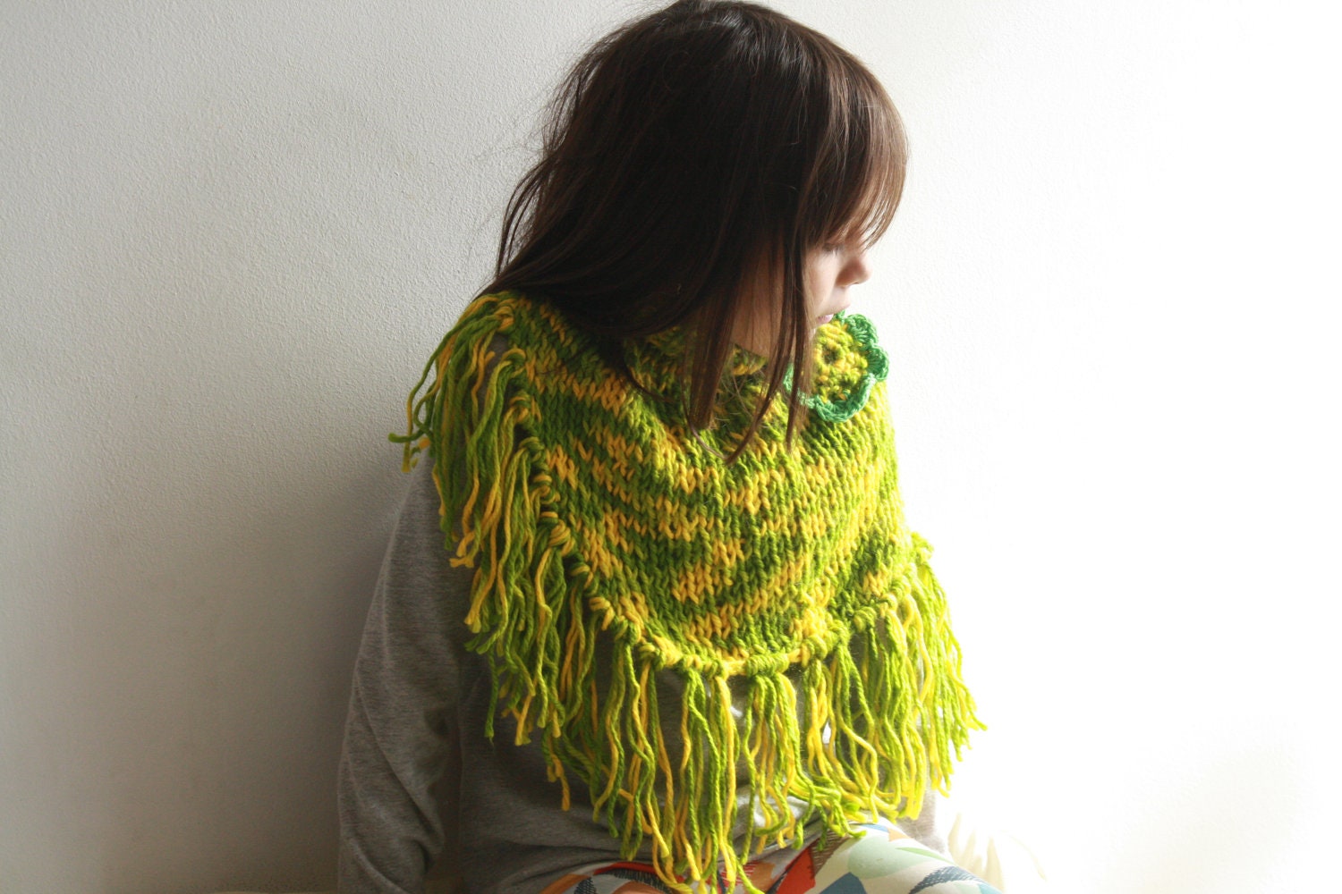Green and Yellow Knitted Poncho Turtle neck for Little girl - One of a kind