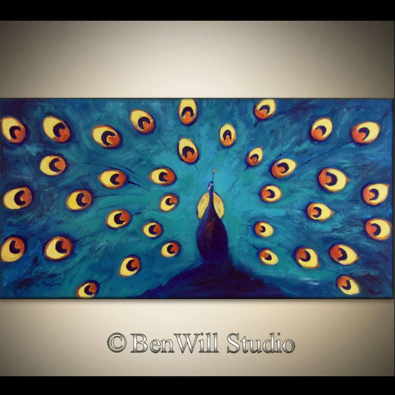 Reserved for Jennifer - PEACOCK Painting ORIGINAL Modern Art Yellow Metallic Copper Turquoise Blue, Gallery Canvas 48x24 by BenWill