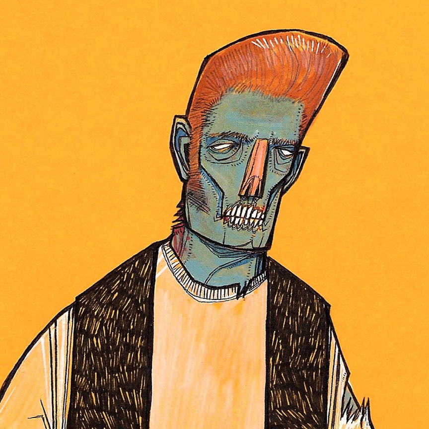 Zombie Greaser quick draw undead 1950's punk zombie terror horror scary creepy ghoul walking dead full color drawing art print