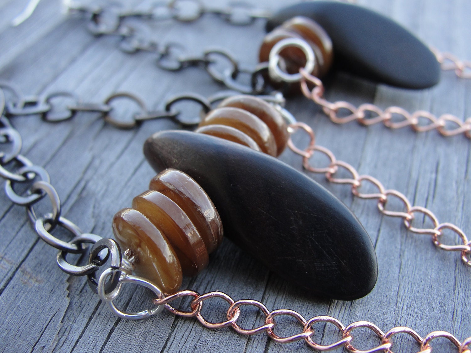 Tigers Wood and Shell Gunmetal Copper Chain Earrings