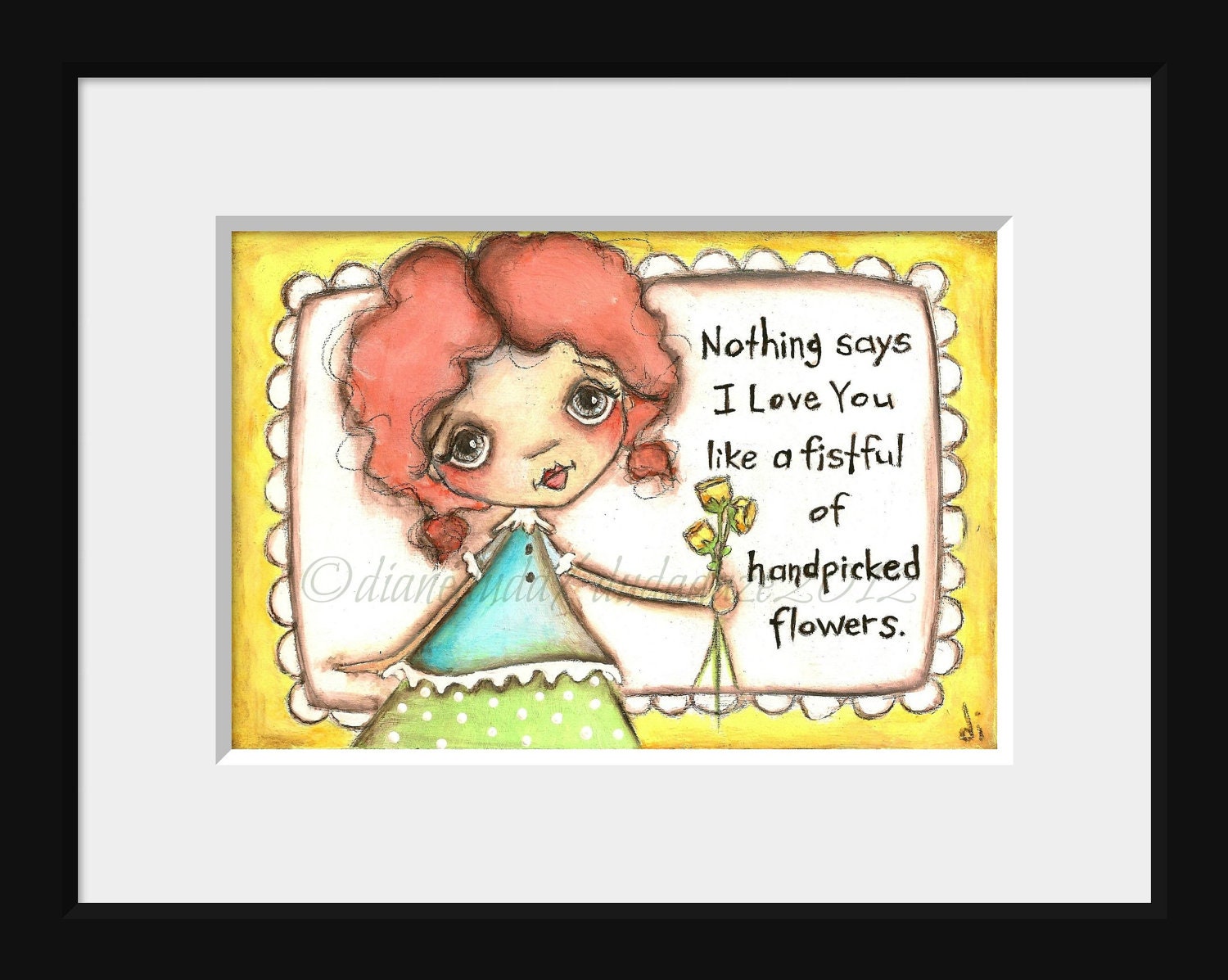Print of my original folk art childrens painting - A Fistful of Flowers