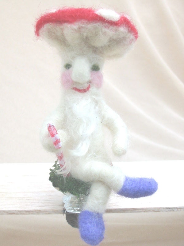 Needle felted Aminta Muscaria, Fly Agaric mushroom man ornament, clip on