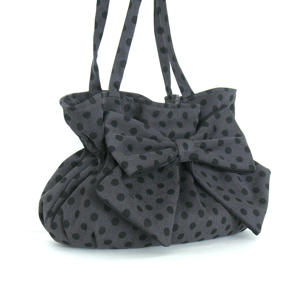 Bow purse - Handmade polka dot bow bag - Gathered everyday fashion bag in charcoal - Polka dot handbag