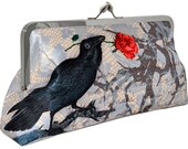 The Raven. Printed Edgar Allan Poe LARGE clutch/shoulder bag in dupion and silk (lighter version). Unique, designed by Baba Studio.