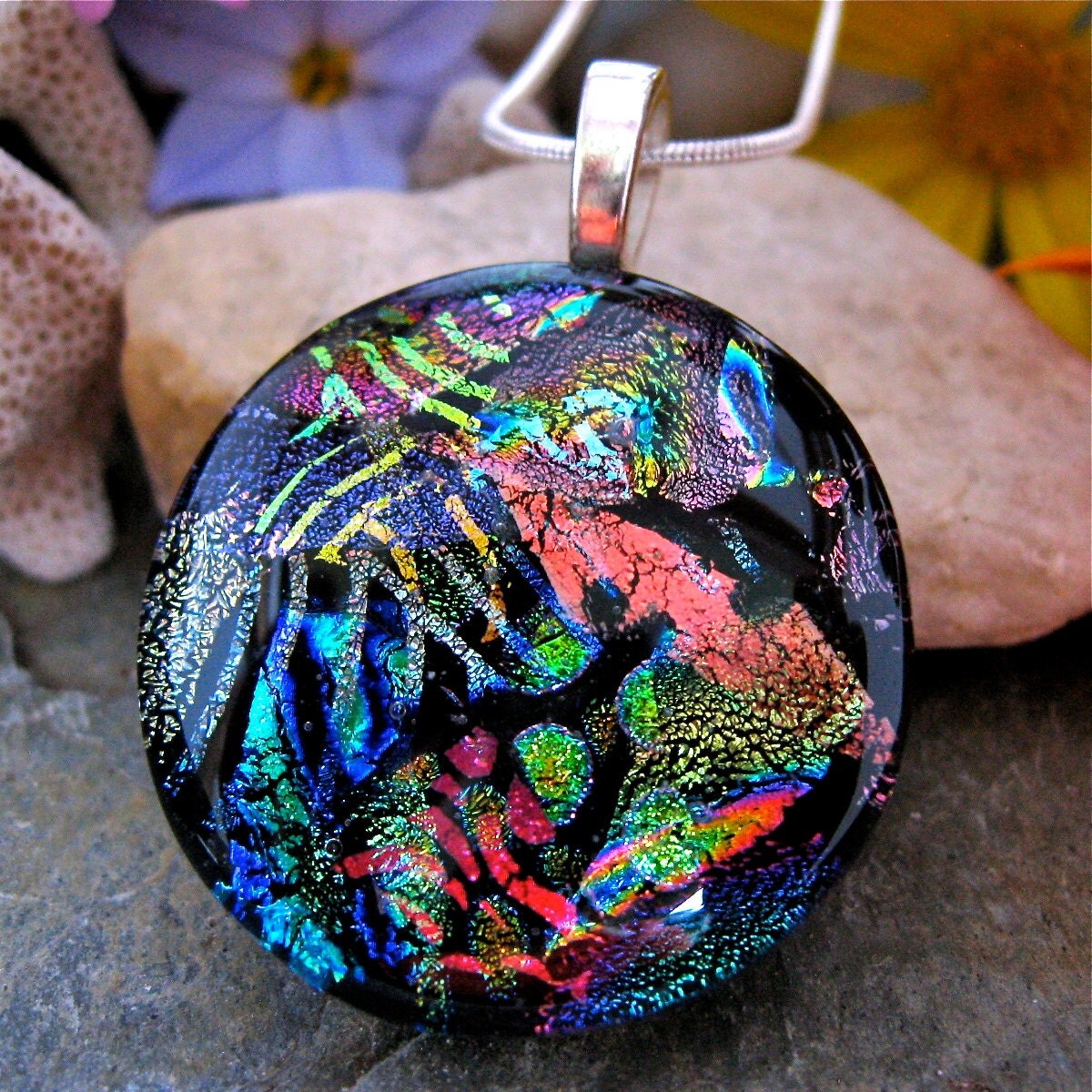 Round Dichroic Glass Pendant, SPECTACULAR Dichroic Fused Glass Necklace, Unique Dichroic