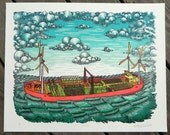 FARM BARGE Woodcut Print, Woodblock Print
