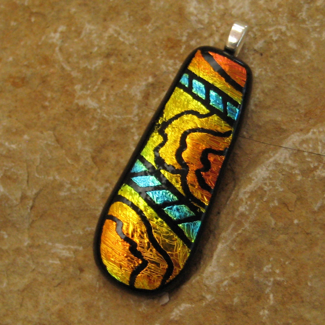 Fused GlassTeardrop Pendant, Dichroic Fused Glass Hand Etched  Pendant   - Flower Power