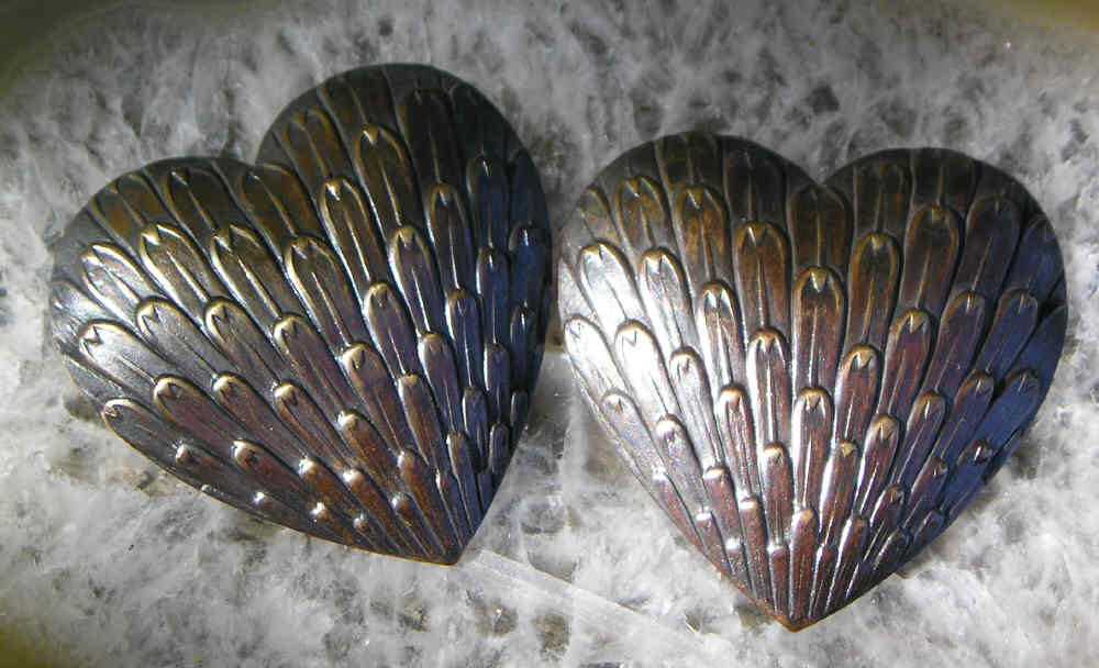 Soft Hearts..vintage brass feathered heart stampings..