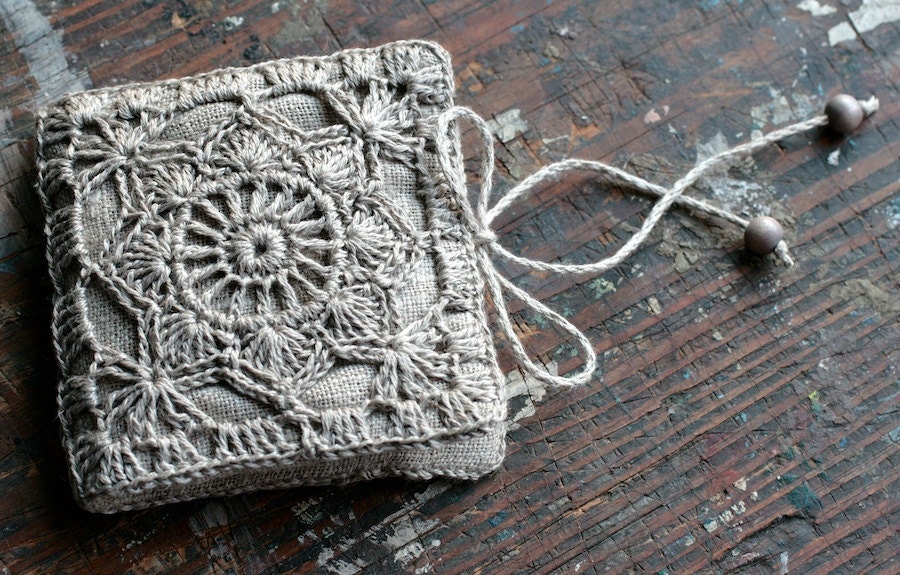 Small Linen Needle Book with Crochet detail