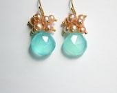Aqua Teardrop Earrings, Peach Pearl Clusters, Gold Vermeil