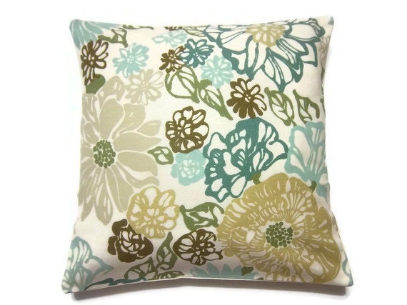 Two Teal Mint Green Olive Green Brown Pillow Covers Modern Floral Decorative Toss Throw Accent Covers 18 inch