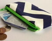 Zippered Coin Purse Wallet - Fabric Business Card Holder - Navy Chevron Stripes