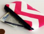 Zippered Coin Purse Wallet - Fabric Business Card Holder - Hot Pink Chevron Stripes